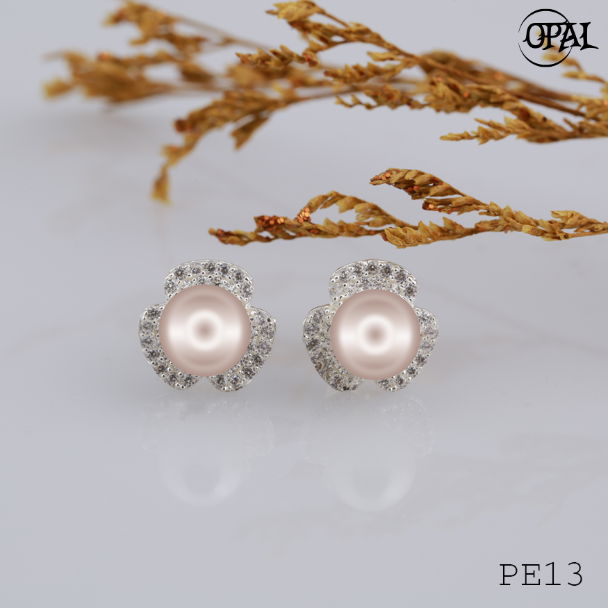 PE13- Hoa tai bạc đính ngọc trai OPAL