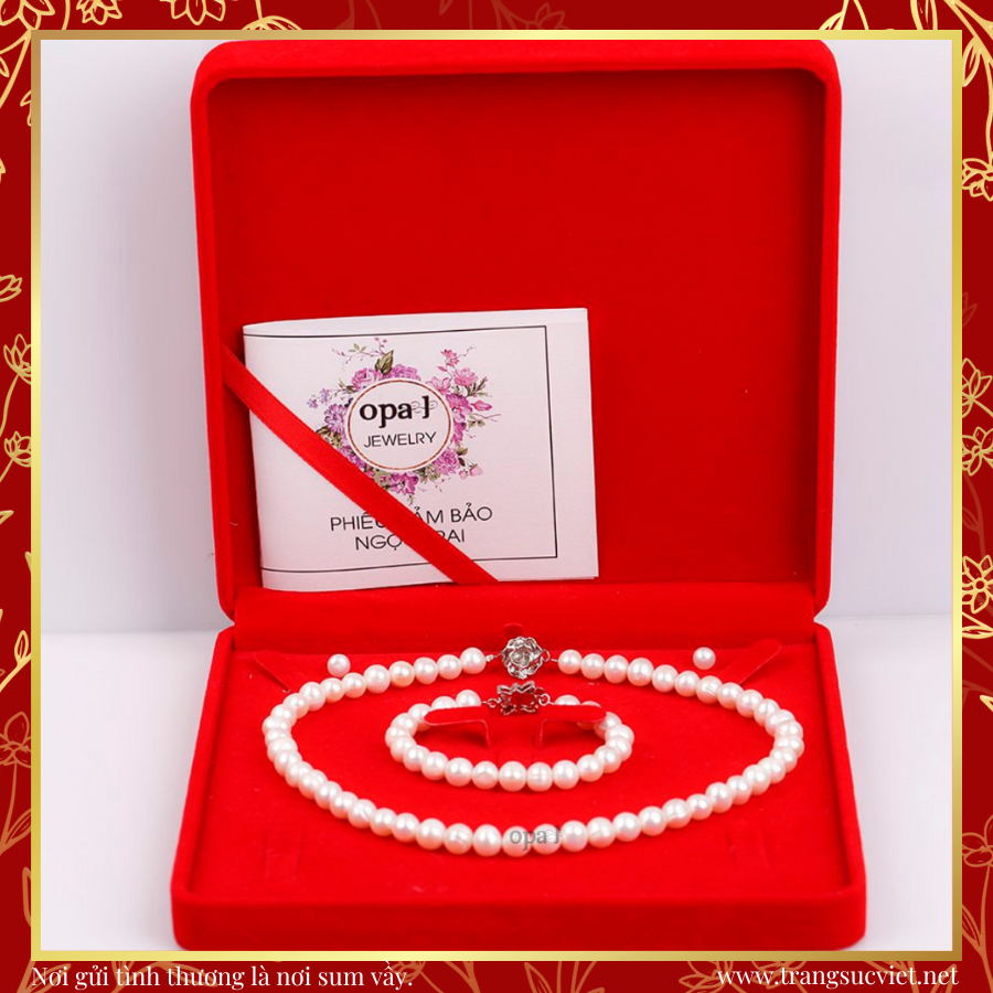  Bộ trang sức Vòng cổ-Vòng tay-Nhẫn-Hoa tai Ngọc trai hồng sang trọng, tinh tế thương hiệu Opal 