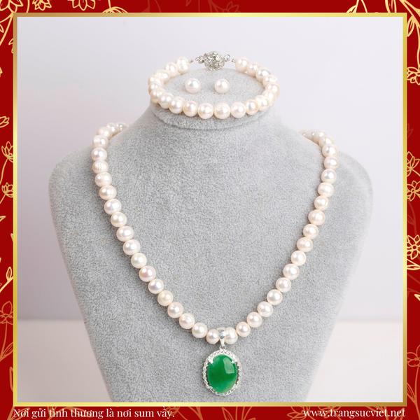  Bộ Trang sức Vòng cổ - Hoa tai Ngọc trai mặt đá xanh thương hiệu Opal 