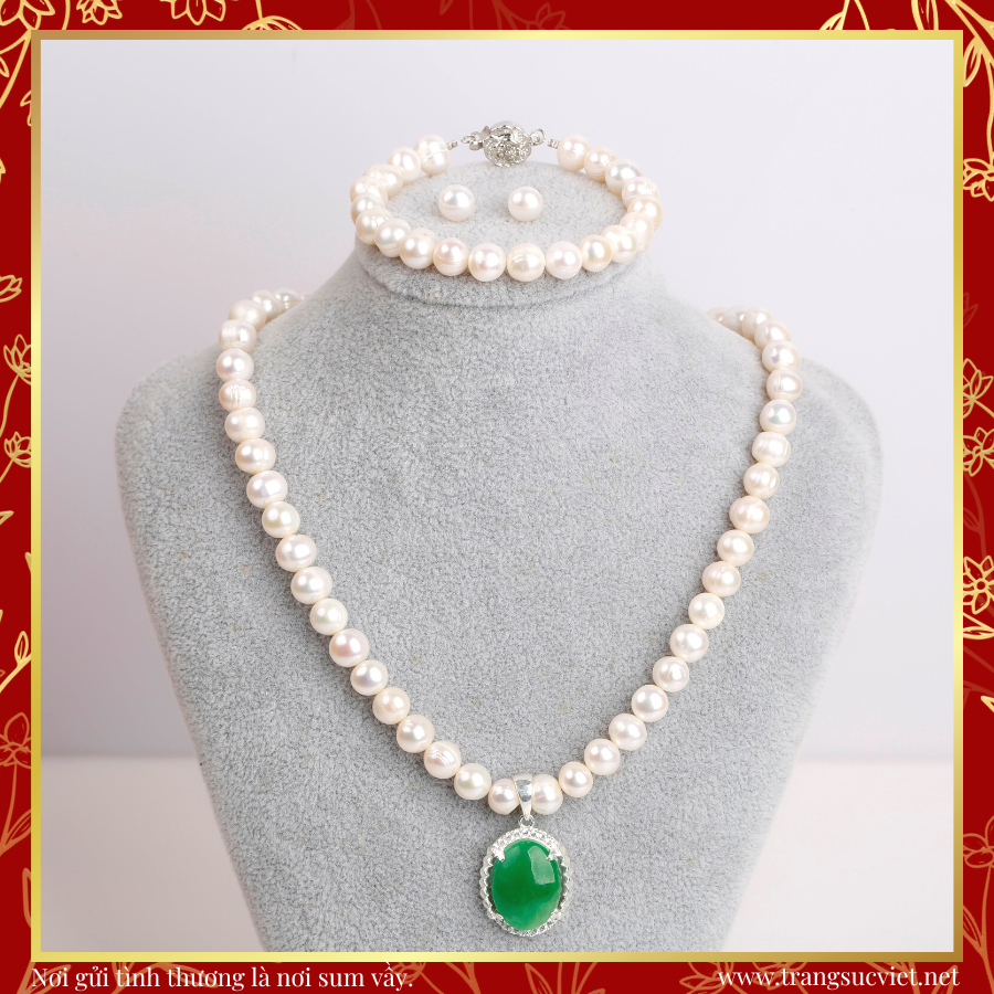 Bộ Trang sức Vòng cổ - Hoa tai Ngọc trai mặt đá xanh thương hiệu Opal