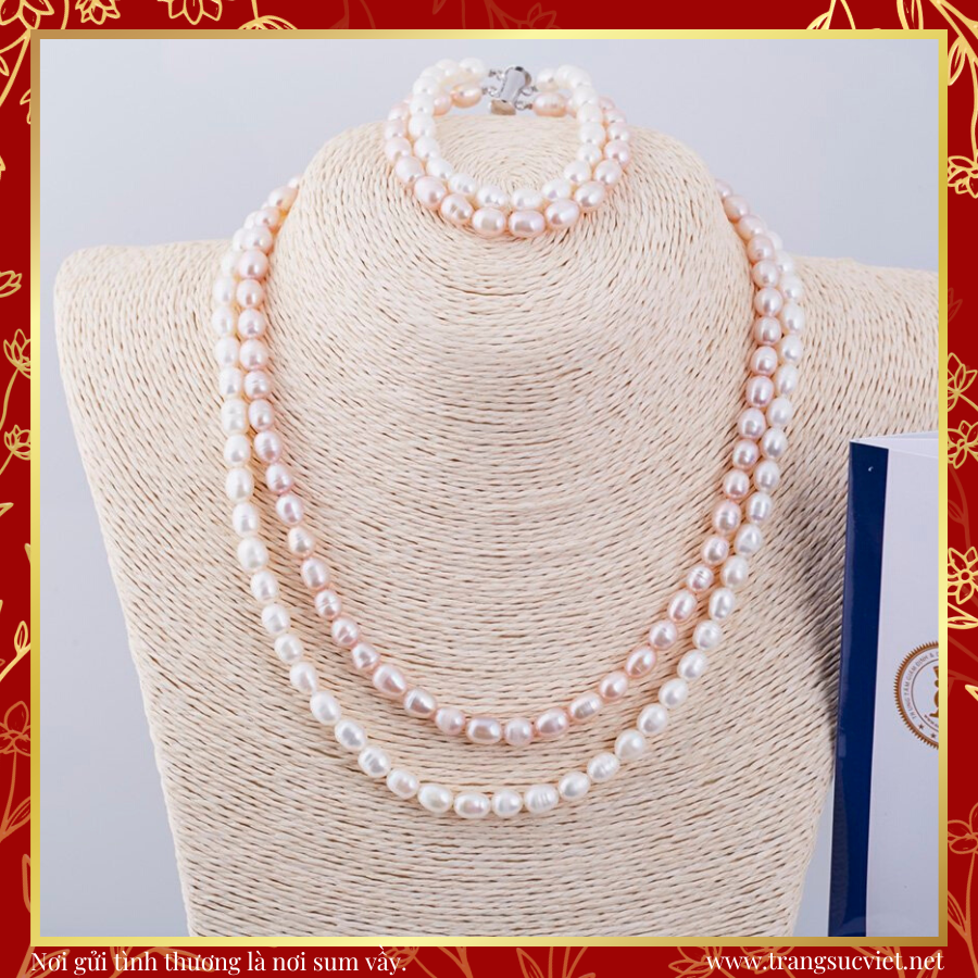 Bộ Chuỗi Ngọc Trai Đôi Phôi 2 Màu Tinh Tế Trắng Hồng Sang Trọng VHT-17