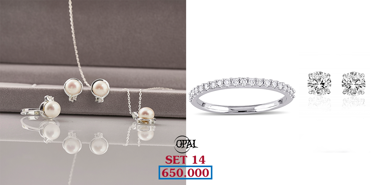 SET 14 - Bộ trang sức ngọc trai và bạc đính đá Ross Opal