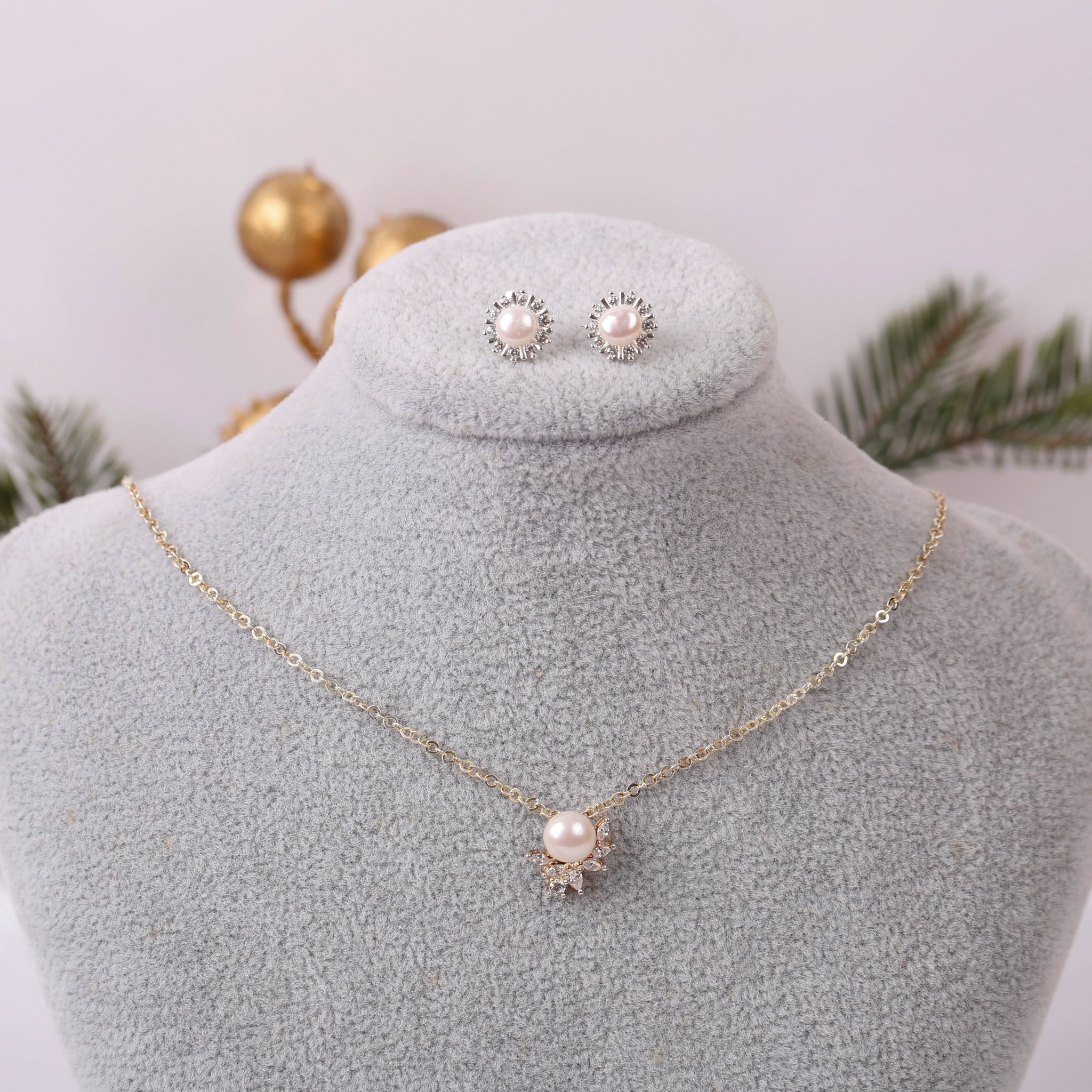 Dây chuyền và Hoa tai bạc đính Ngọc trai phong cách trẻ trung thương hiệu Opal