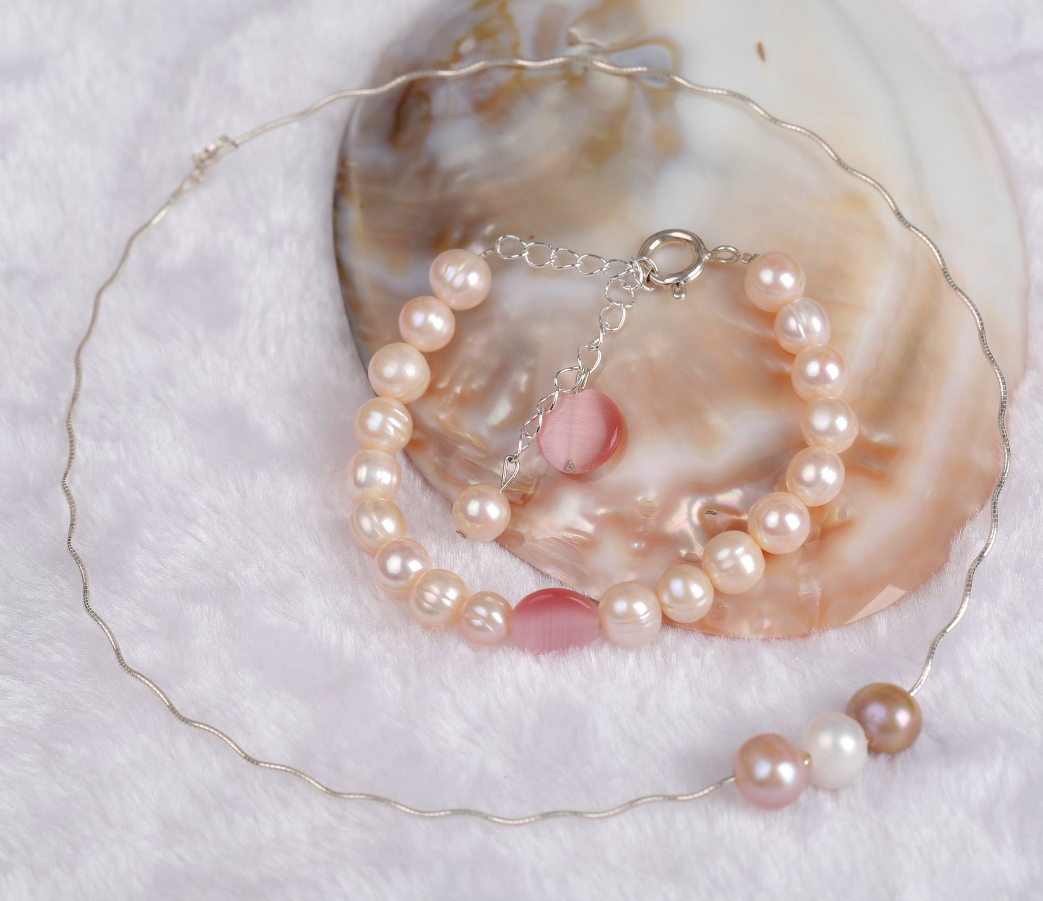 Kiềng cổ Bạc và Vòng tay Ngọc trai đá Charm phong cách trẻ trung Opal
