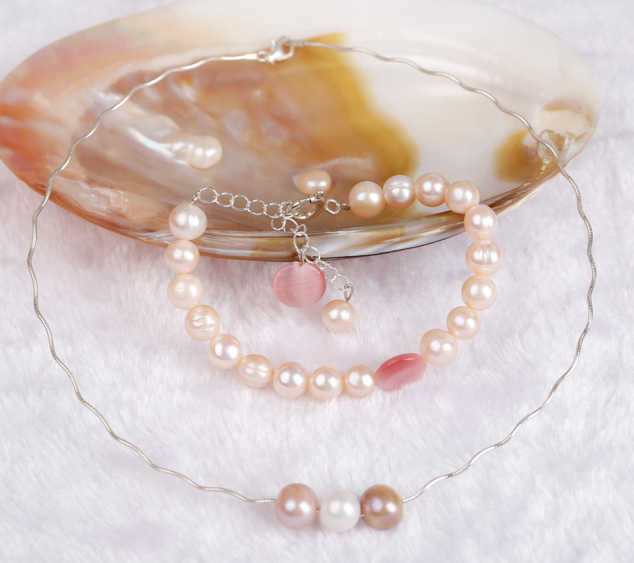 Kiềng cổ Bạc và Vòng tay Ngọc trai đá Charm phong cách trẻ trung Opal
