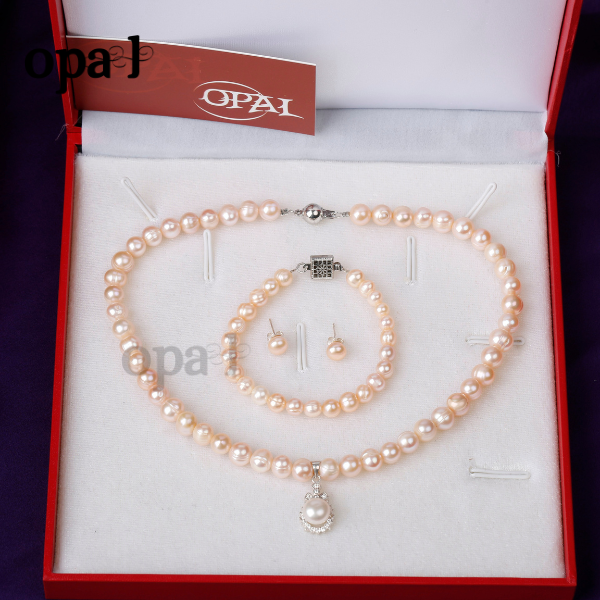 Bộ Trang sức Vòng cổ - Vòng Tay - Hoa tai Ngọc trai hồng thương hiệu Opal
