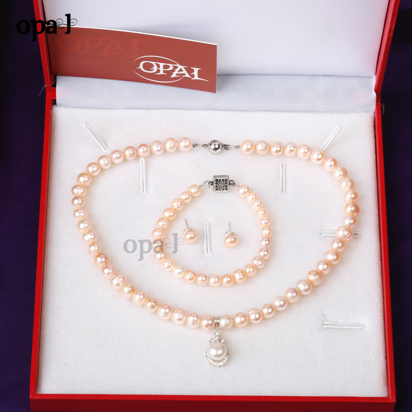 Bộ Trang sức Vòng cổ - Vòng Tay - Hoa tai Ngọc trai hồng thương hiệu Opal