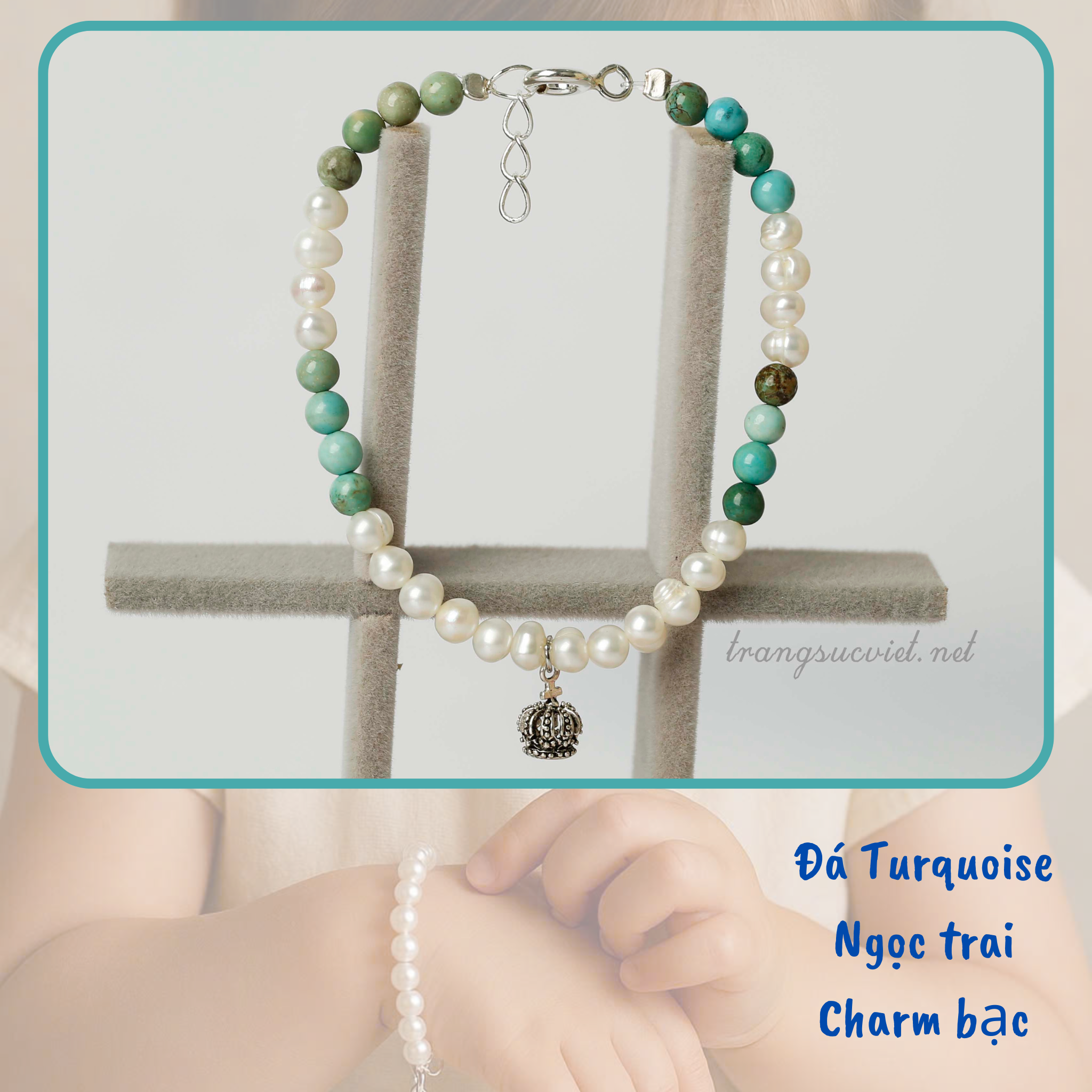 Ưu đãi hấp dẫn-Vòng tay cho bé phối ngọc trai, đá và charm bạc thương hiệu Opal