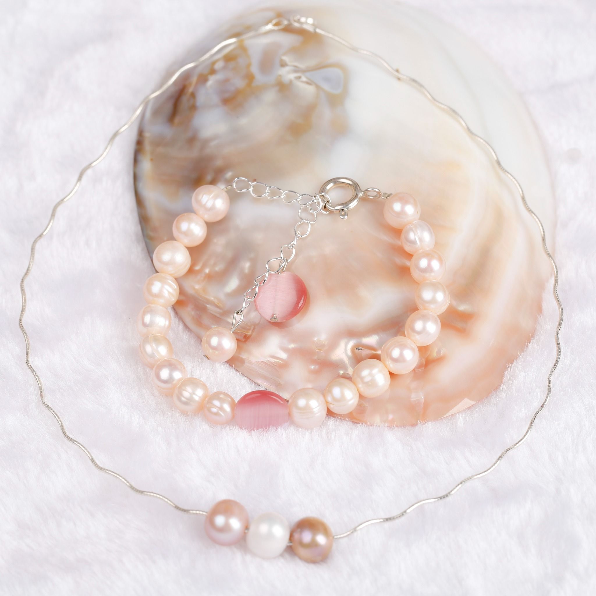 Kiềng cổ Bạc và Vòng tay Ngọc trai đá Charm phong cách trẻ trung Opal