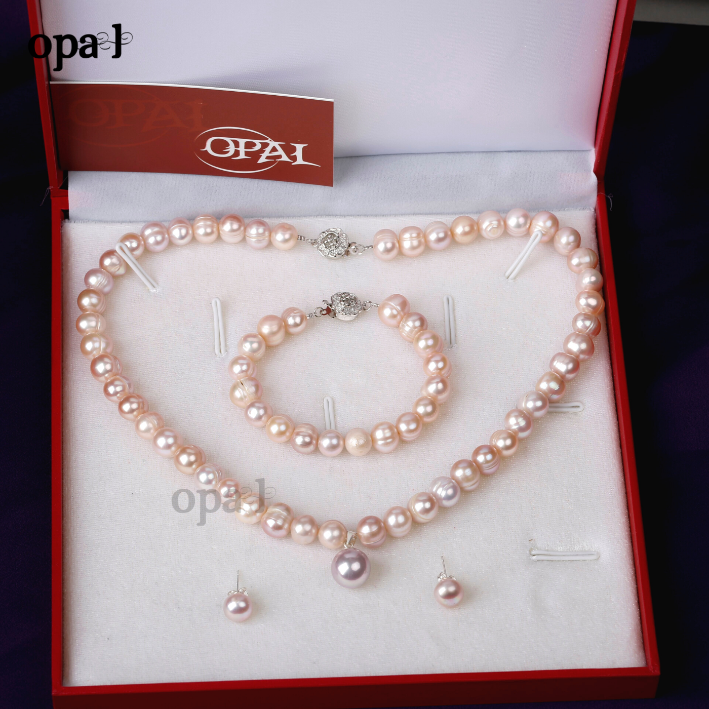  Bộ Trang sức Vòng cổ - Vòng Tay - Hoa tai Ngọc trai hồng, tím thương hiệu Opal 