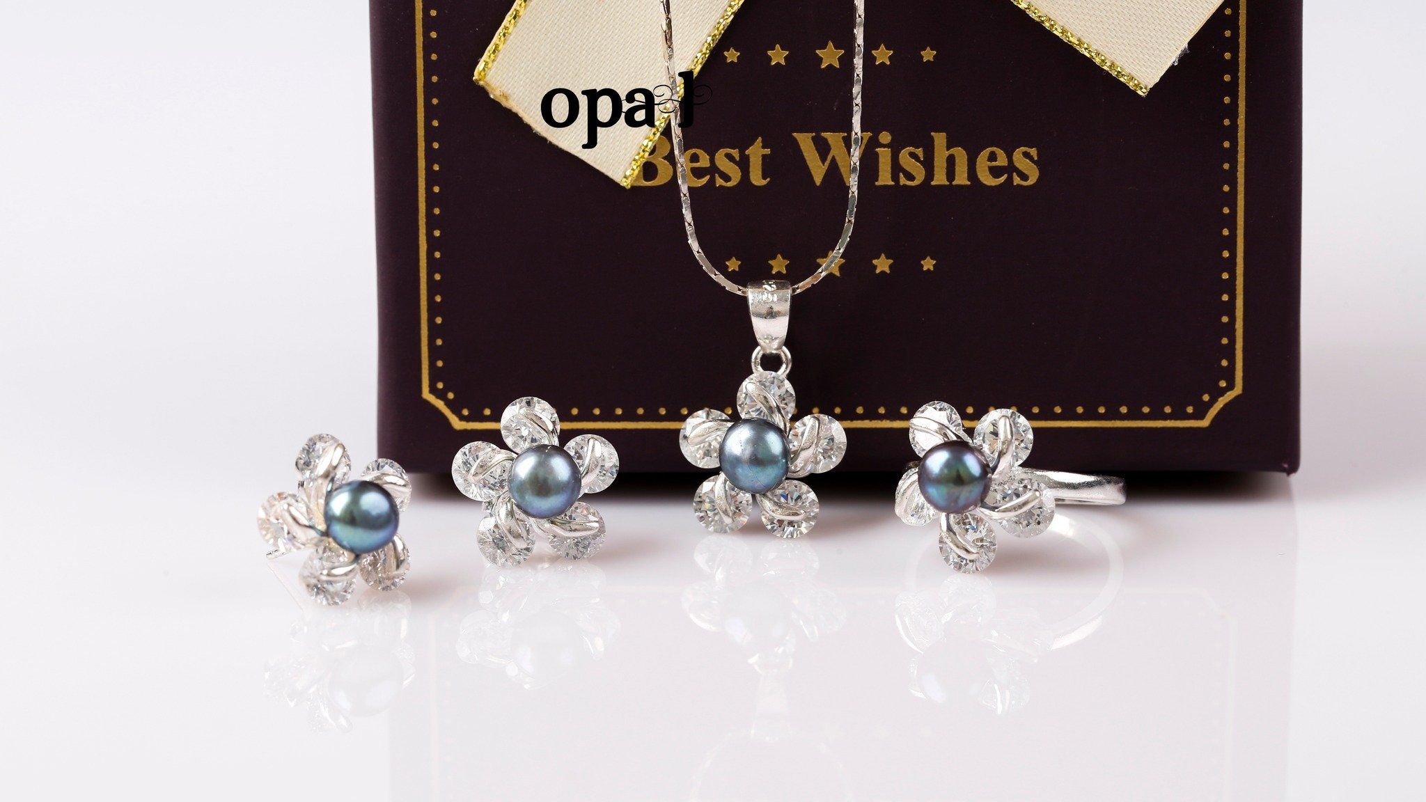  BỘ DÂY CHUYỀN , HOA TAI , NHẪN NGỌC TRAI ĐEN THƯƠNG HIỆU OPAL HT2 