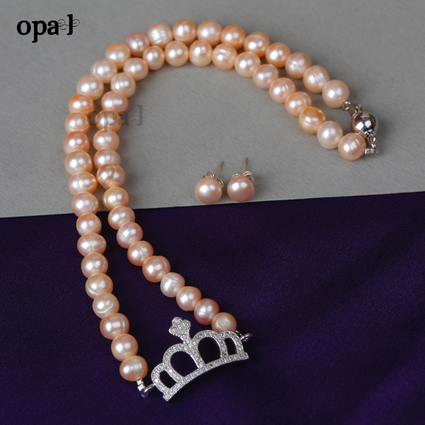 Bộ Trang sức Vòng cổ - Hoa tai Ngọc trai hồng mặt dây vương miện thương hiệu Opal