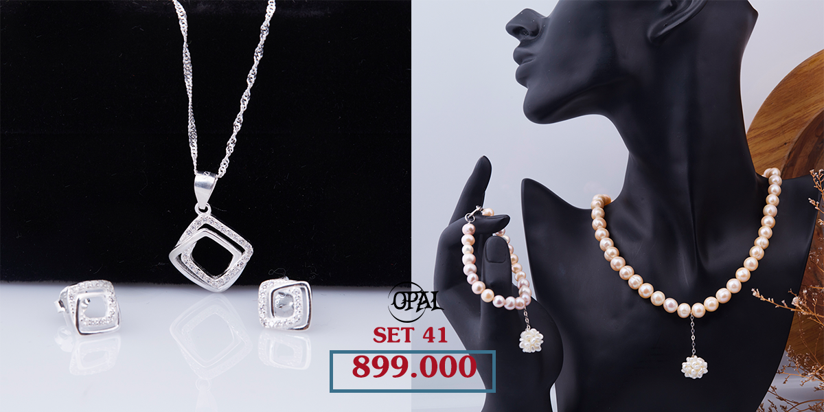 SET 41 - Bộ trang sức ngọc trai và bạc đính đá Ross Opal