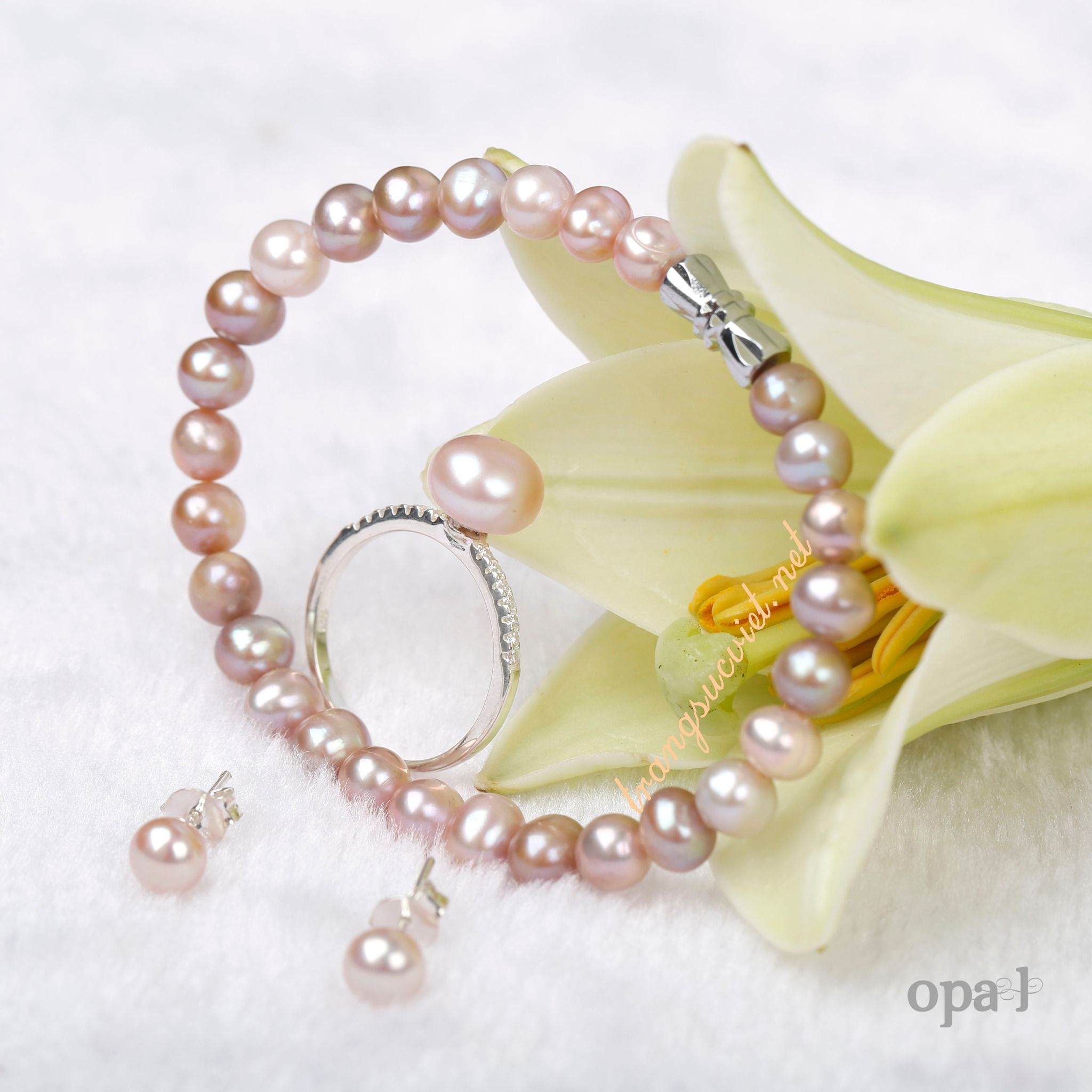  Bộ Vòng cổ , Vòng tay, hoa tai ngọc trai nhí màu tím thời thượng thương hiệu Opal 