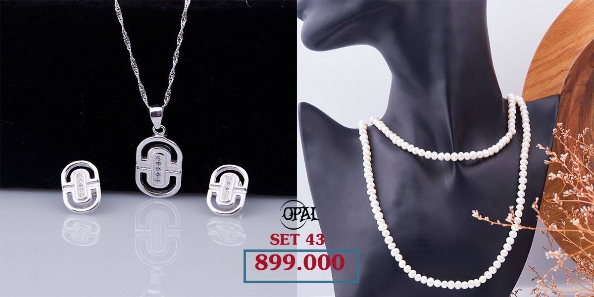 SET 43 -Bộ trang sức ngọc trai và bạc đính đá Ross Opal