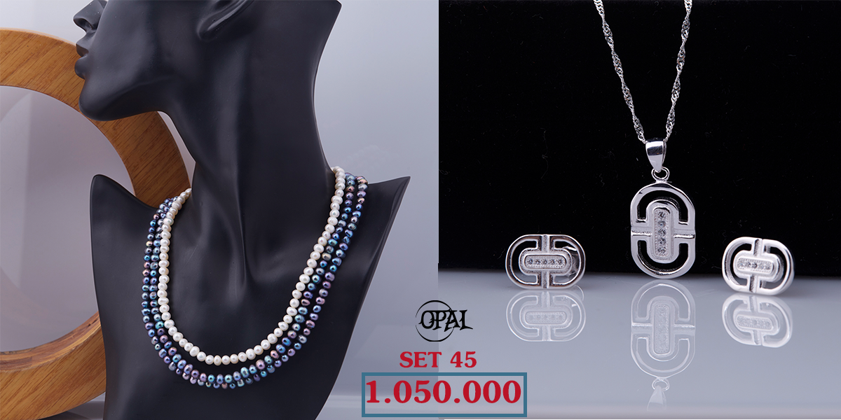 SET 45 -Bộ trang sức ngọc trai và bạc đính đá Ross Opal