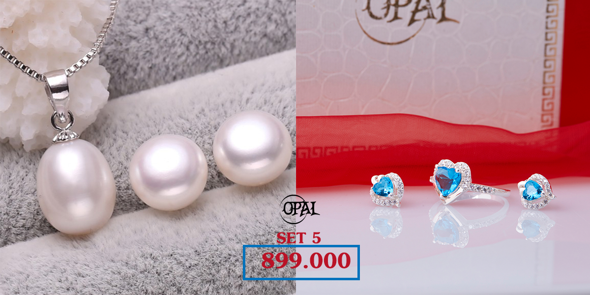 SET 05 - Bộ trang sức ngọc trai và bạc đính đá Ross Opal