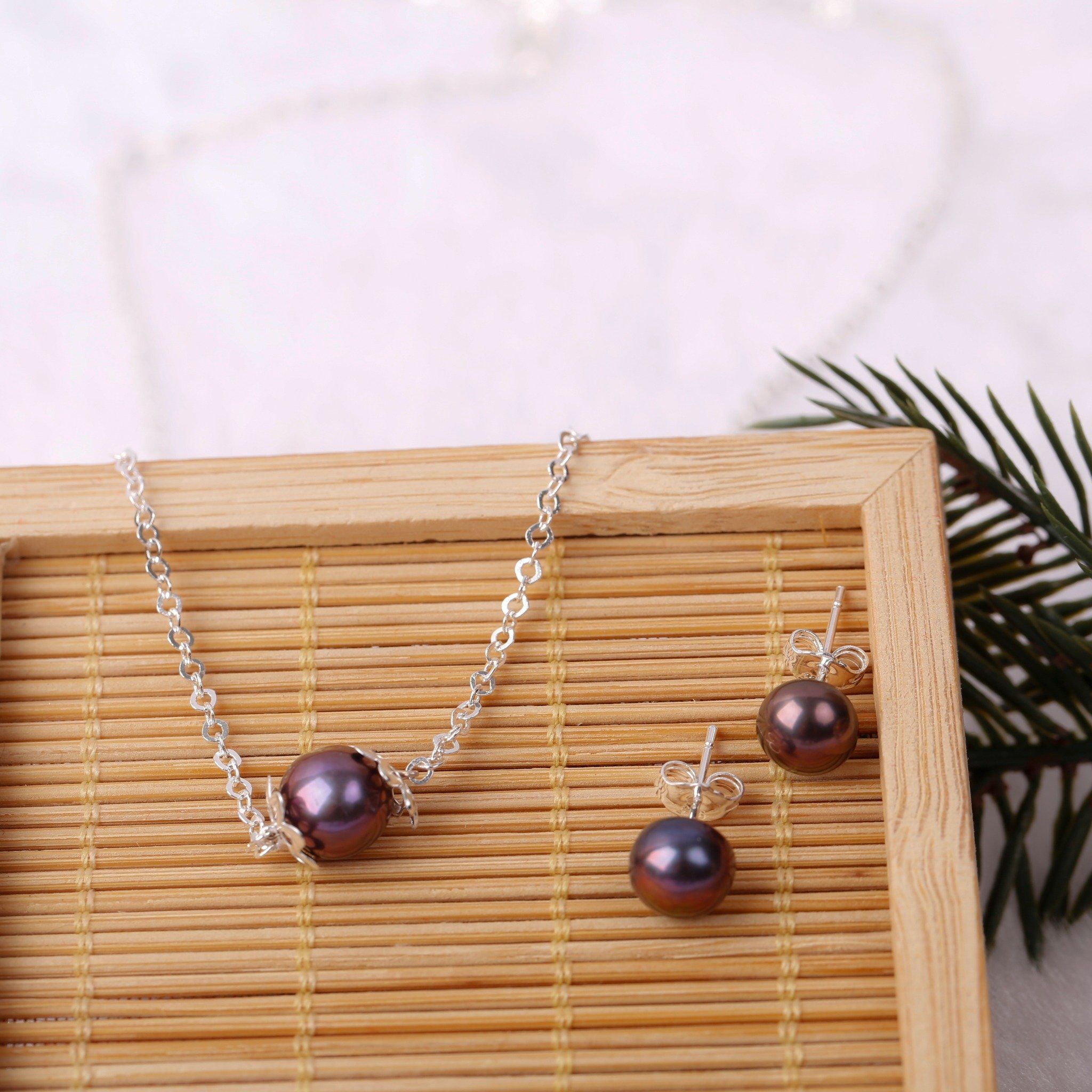  Dây chuyền và Hoa tai bạc đính Ngọc trai đen phong cách trẻ trung thương hiệu Opal 