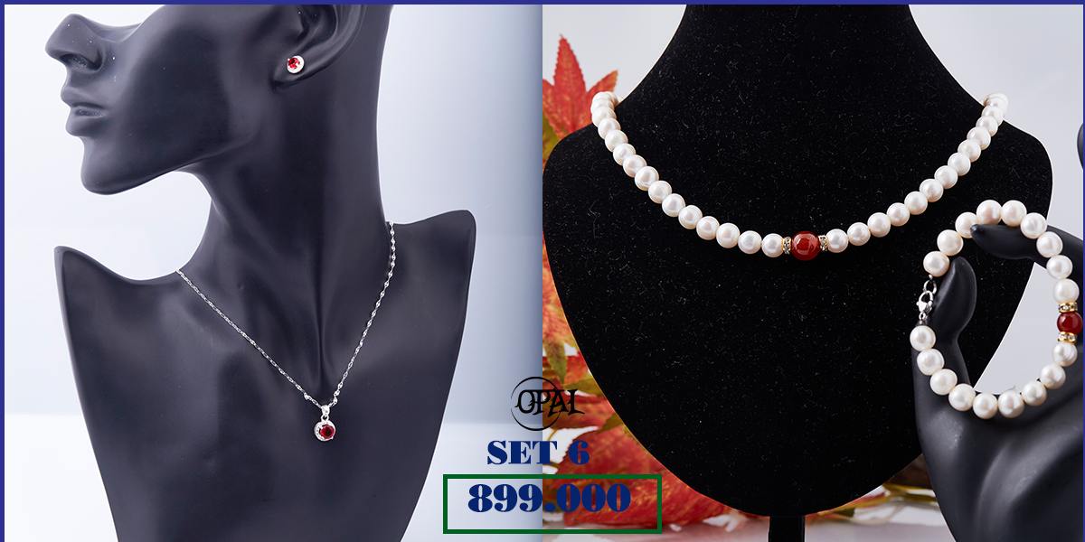 SET 06 - Bộ trang sức ngọc trai và bạc đính đá Ross Opal