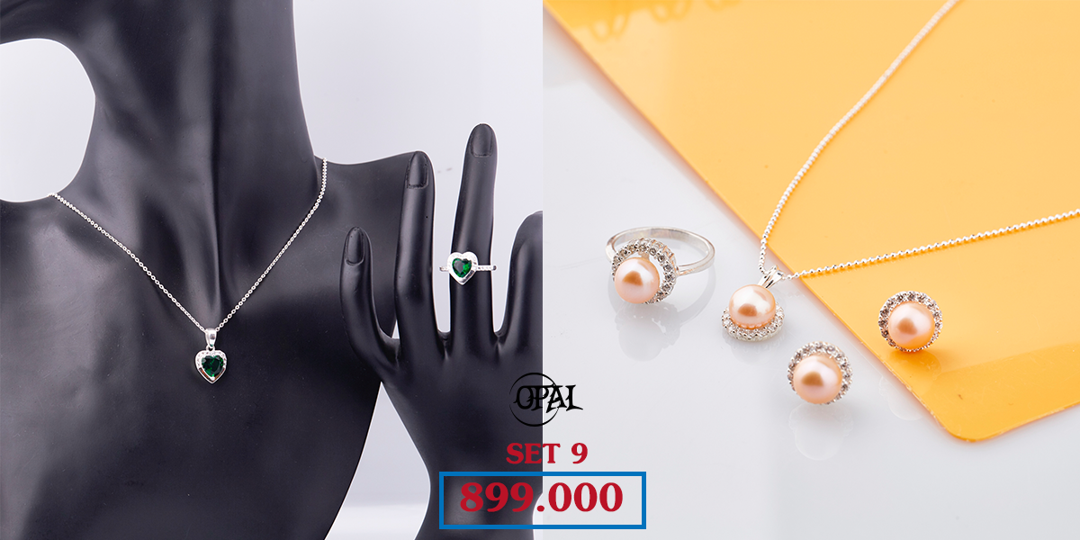 SET 09 - Bộ trang sức ngọc trai và bạc đính đá Ross Opal