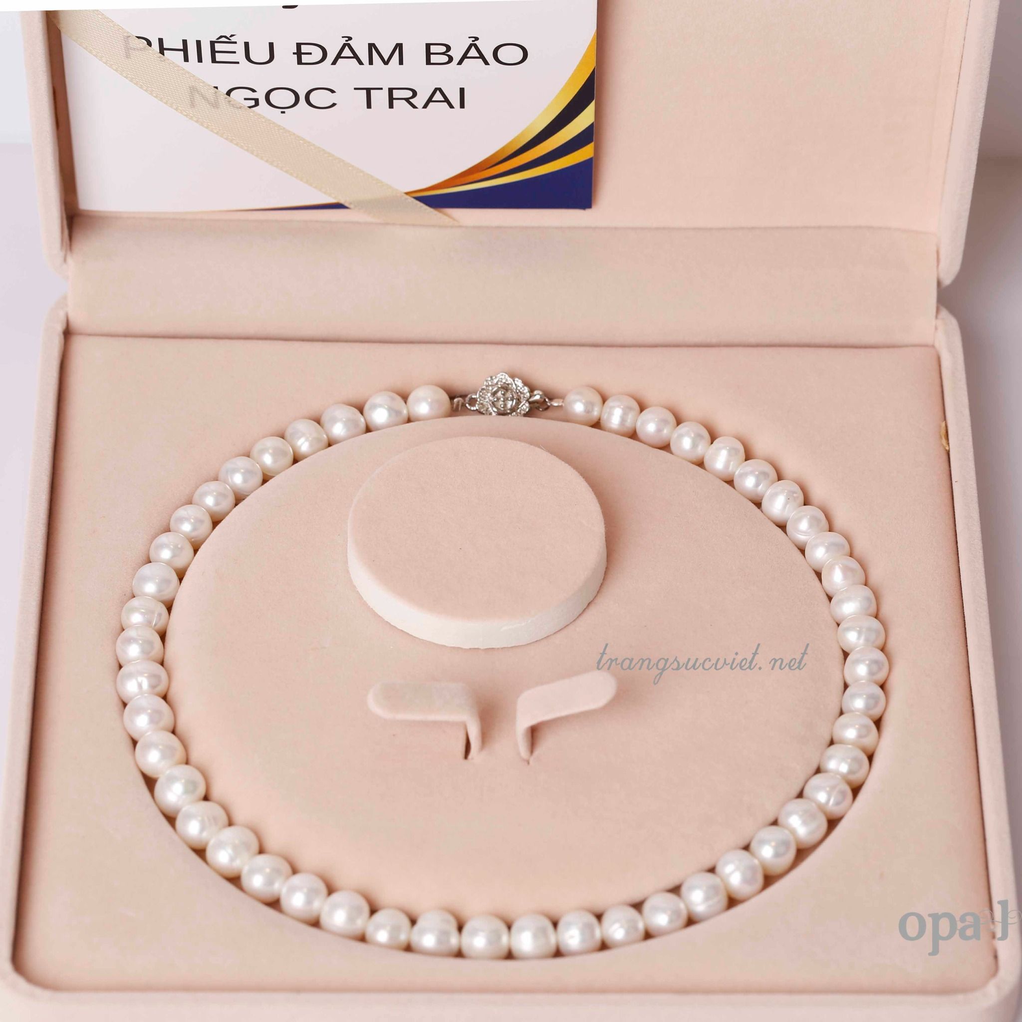Vòng cổ ngọc trai trắng 8,9ly+ hoa tai đá đính ngọc