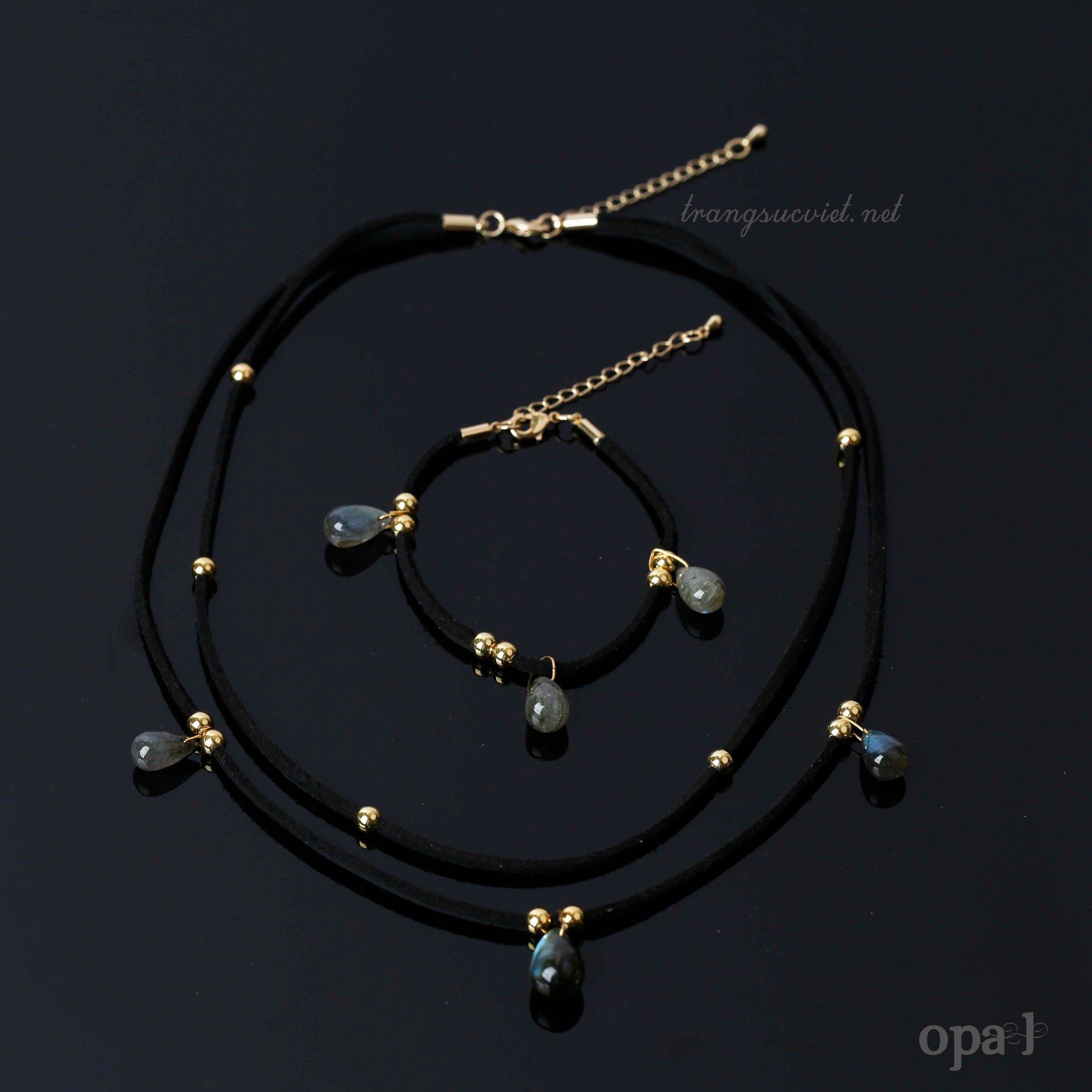 Bộ trang sức handmade dây da đính đá Labradorite