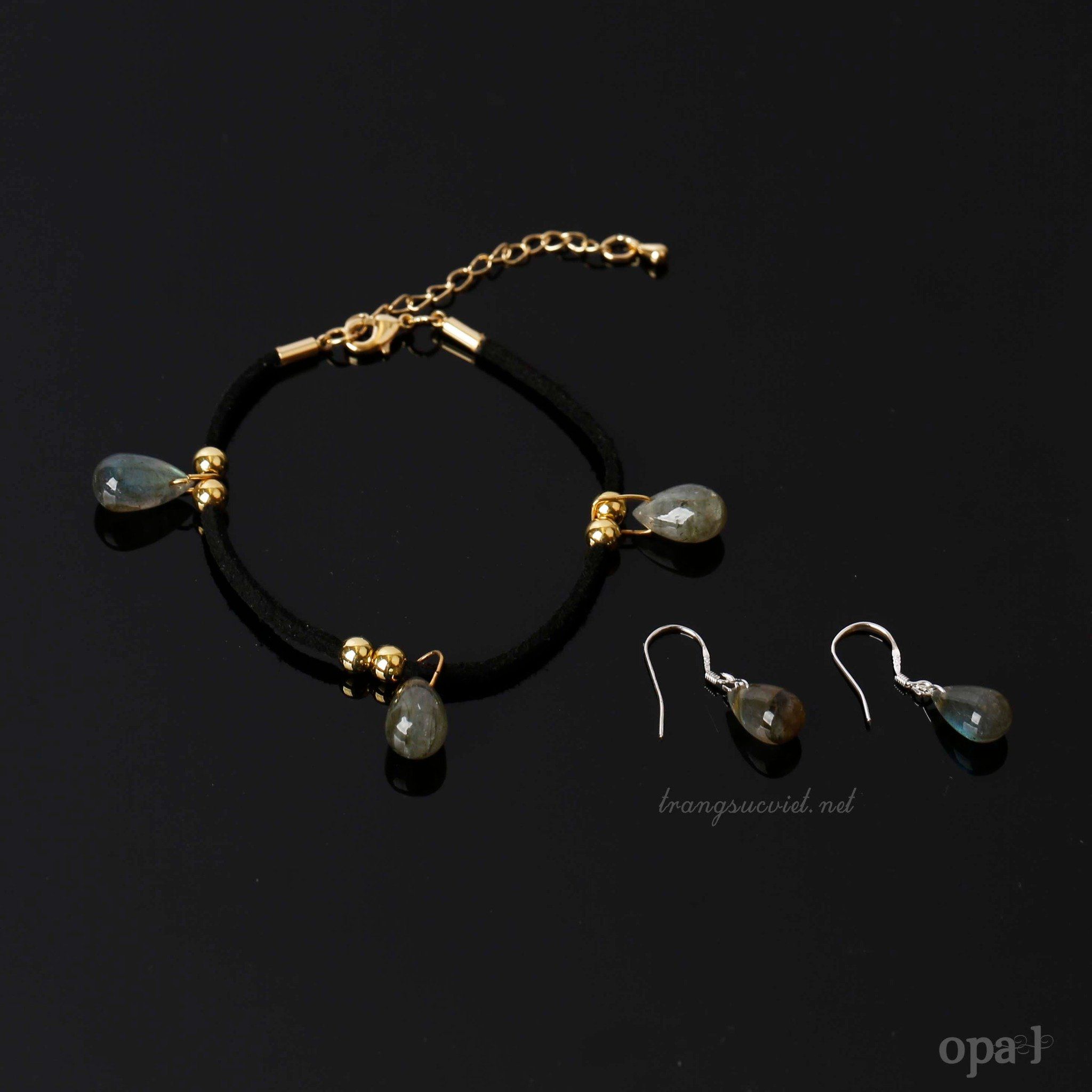 Bộ trang sức handmade dây da đính đá Labradorite