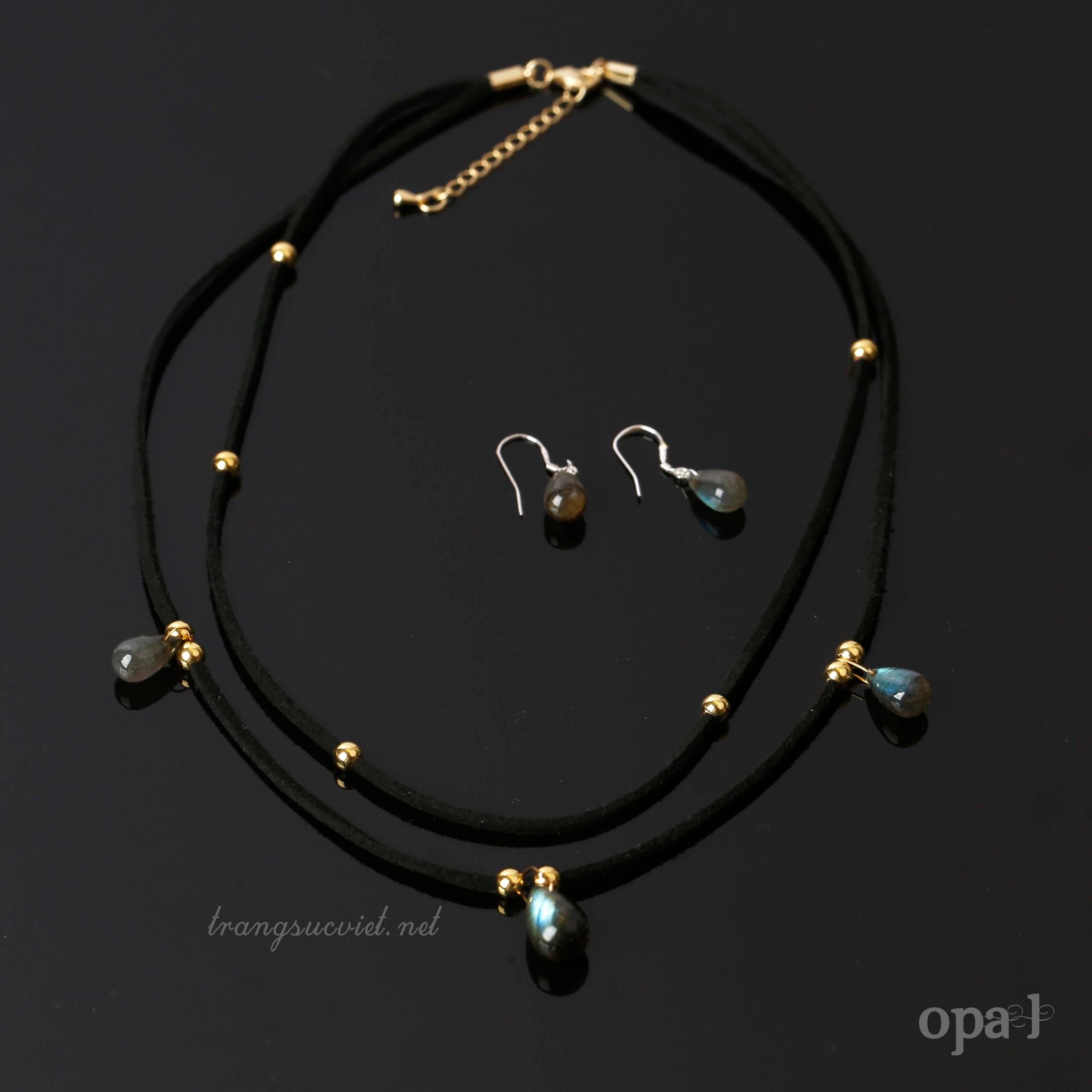 Bộ trang sức handmade dây da đính đá Labradorite