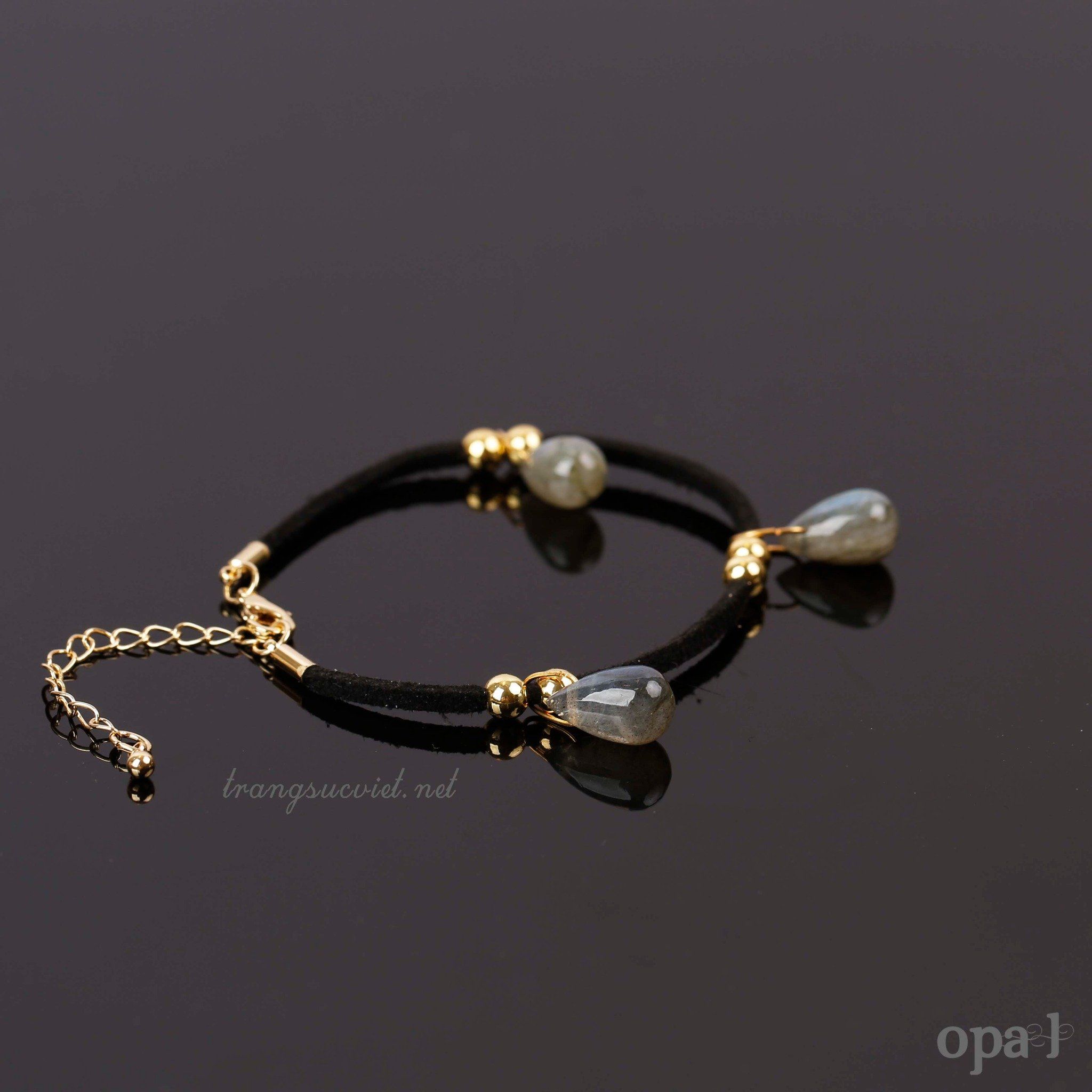 Bộ trang sức handmade dây da đính đá Labradorite