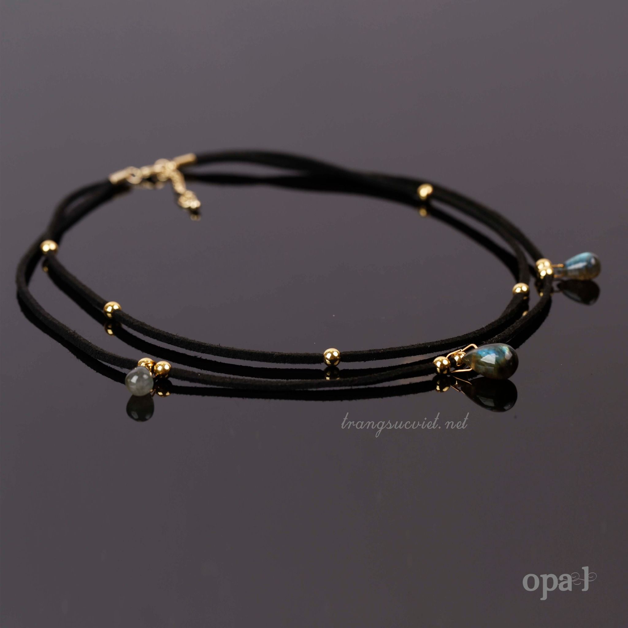Bộ trang sức handmade dây da đính đá Labradorite