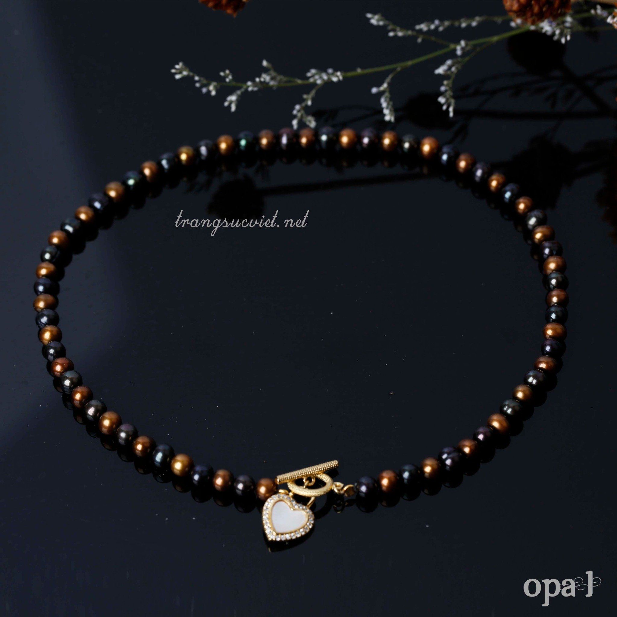 Vòng cổ choker ngọc trai ánh nâu và đen kết hợp