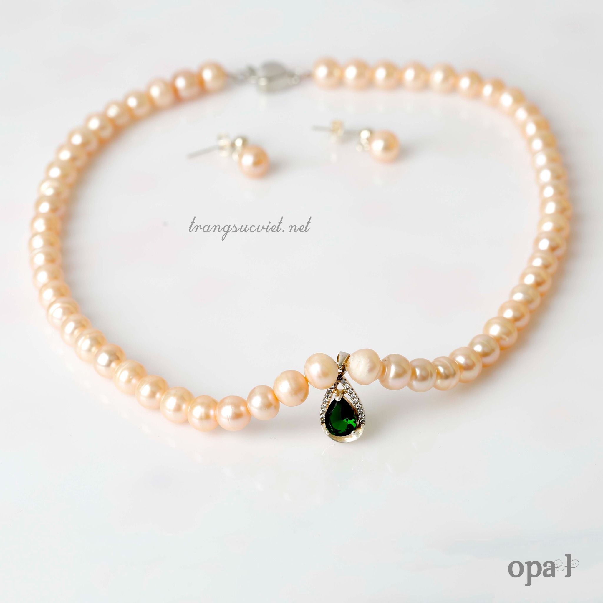 Bộ ngọc trai ánh hồng chất liệu bạc thiết kế phong cách nhẹ nhàng trẻ trung thương hiệu Opal
