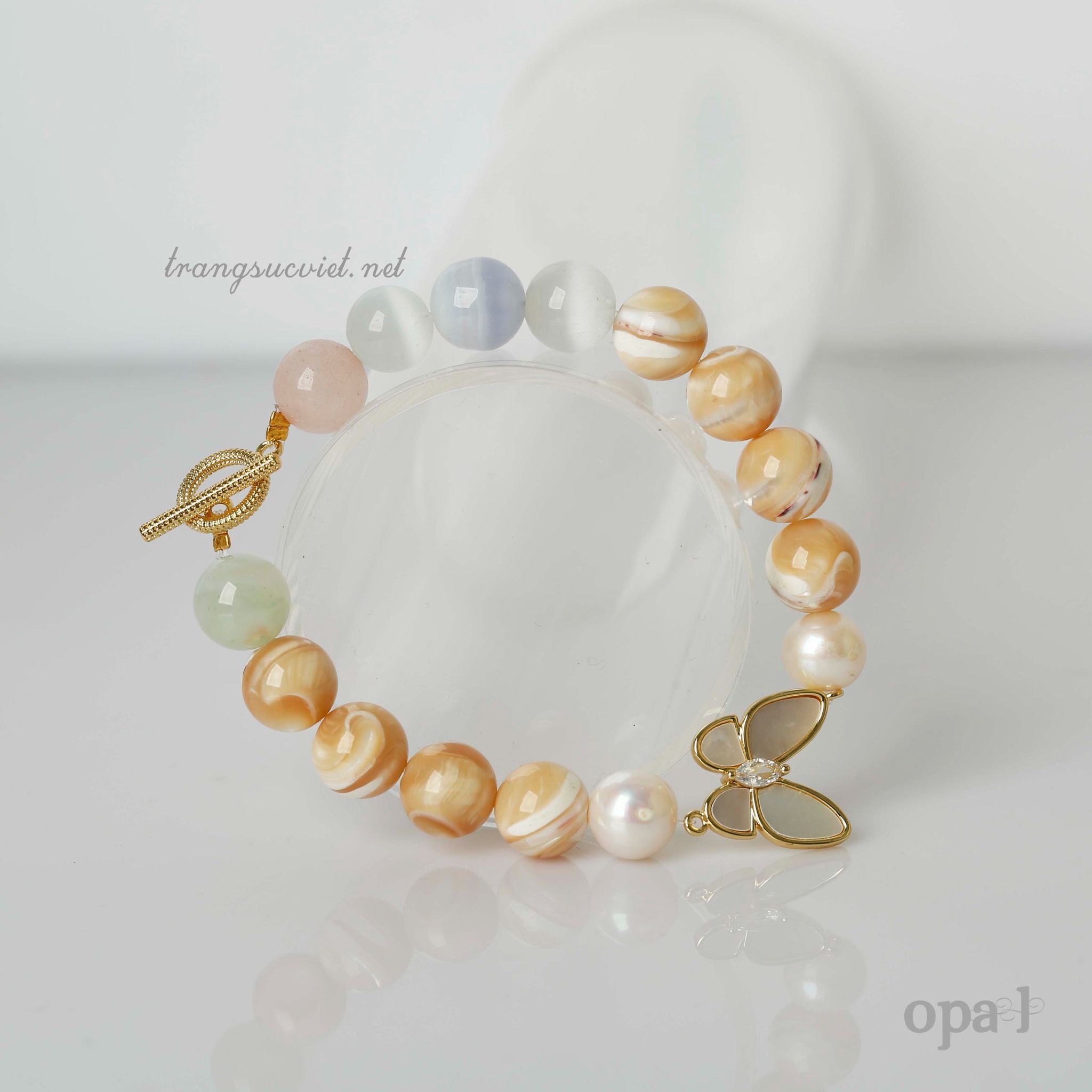 Vòng tay đá thiên nhiên handmade, đá san hô kết hợp cùng đá mắt mèo