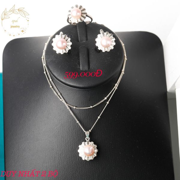  Bộ dây chuyền, hoa tai , nhẫn bạc kết ngọc trai Opal - SERN12211 