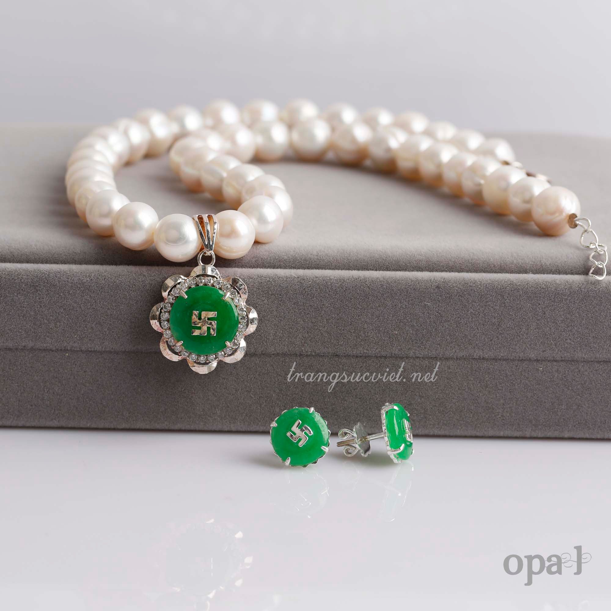 Bộ ngọc trai mặt đá mã não xanh lục an yên