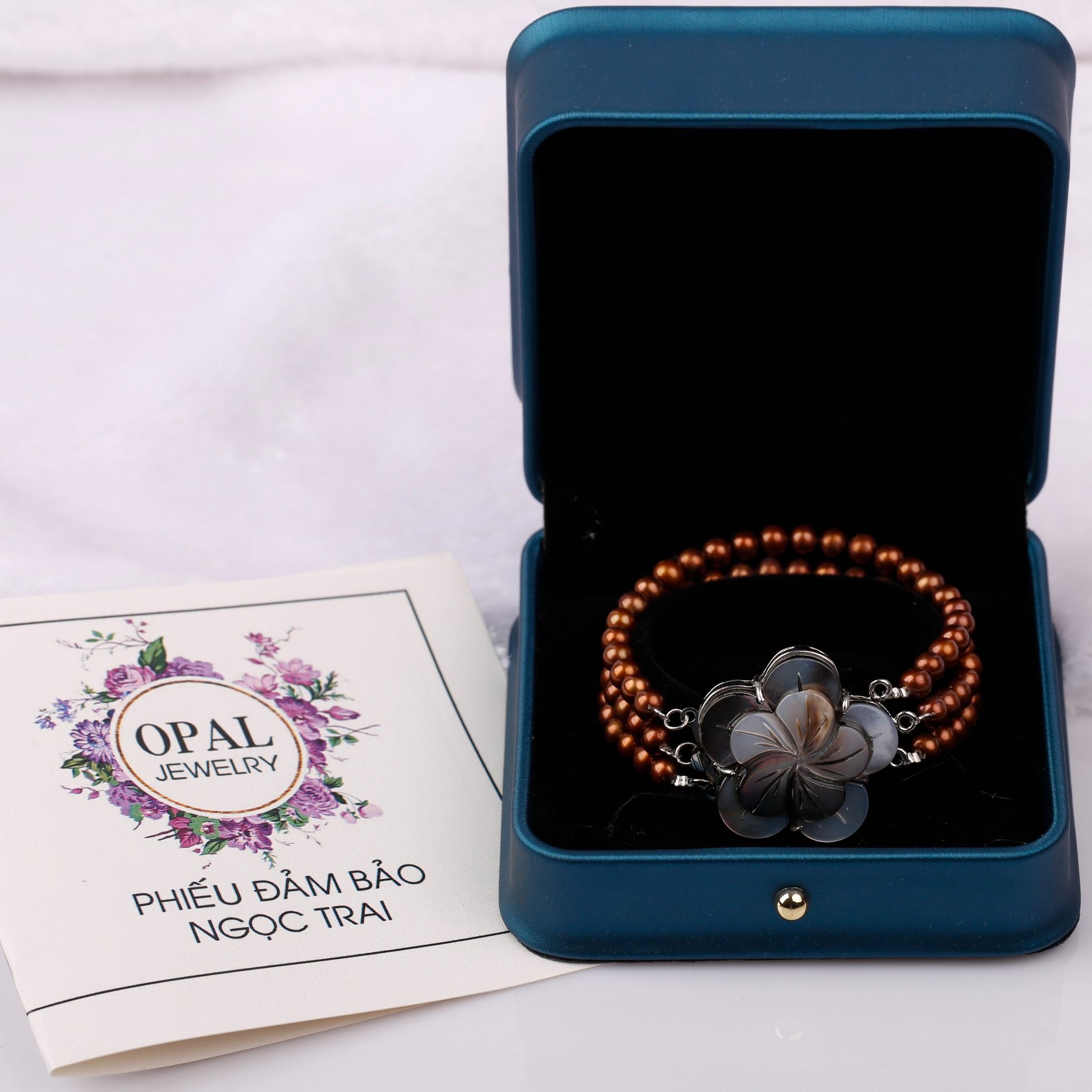 Vòng tay 3 lớp ngọc trai nâu đỏ 5li - Quà tặng dâu chuyền Bạc Choker đính Ngọc Trai cùng màu