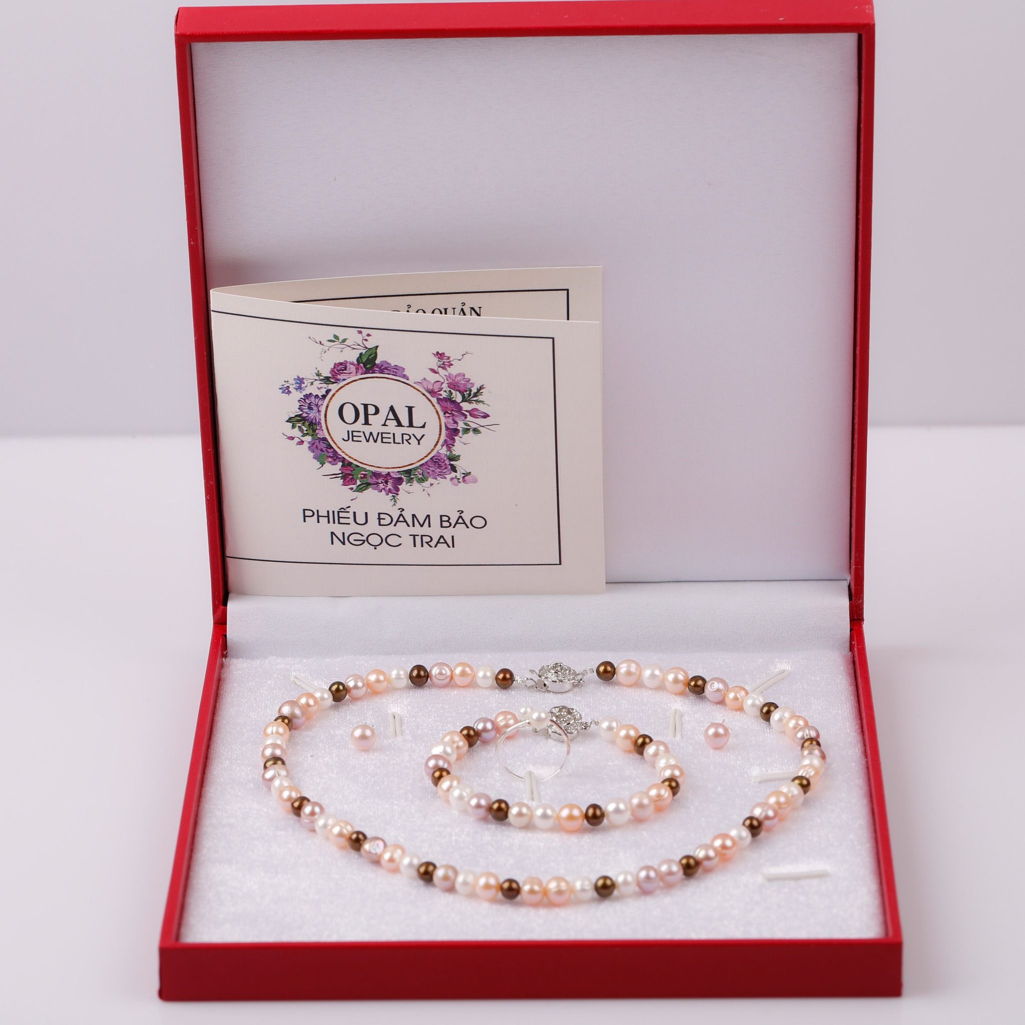 Bộ trang sức Vòng cổ-Vòng tay-Nhẫn-Hoa tai Ngọc trai nhiều màu sang trọng, tinh tế thương hiệu Opal