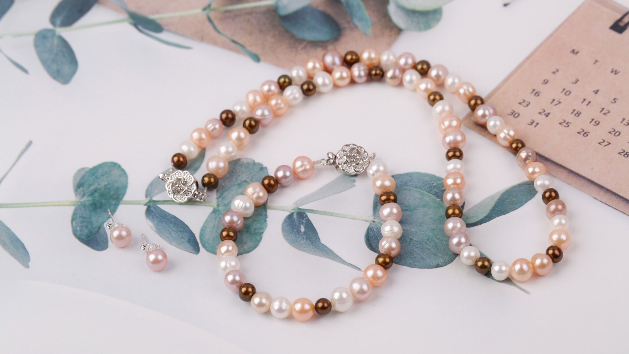 Bộ trang sức Vòng cổ-Vòng tay-Nhẫn-Hoa tai Ngọc trai nhiều màu sang trọng, tinh tế thương hiệu Opal