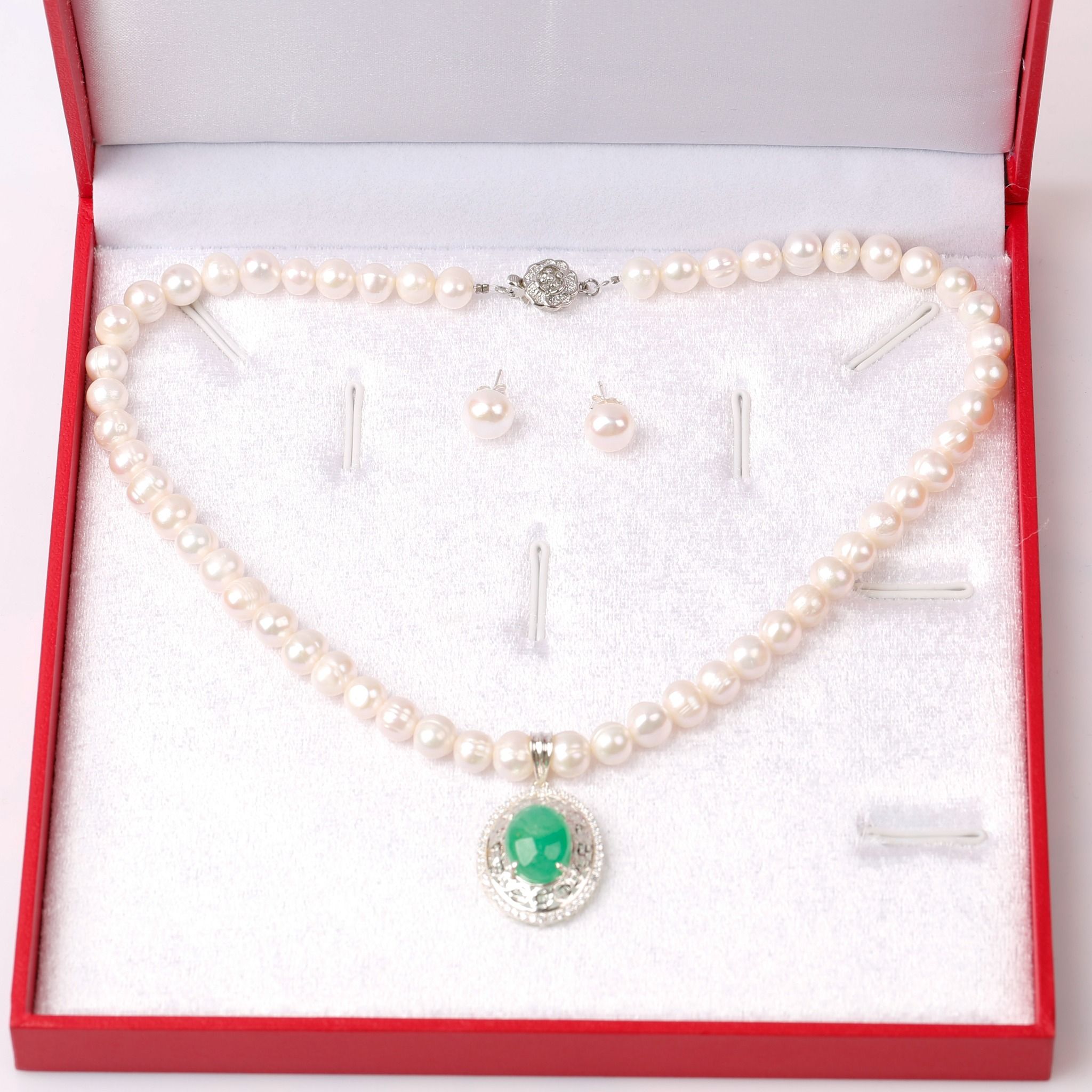Bộ Trang sức Vòng cổ - Hoa tai Ngọc trai mặt đá xanh thương hiệu Opal