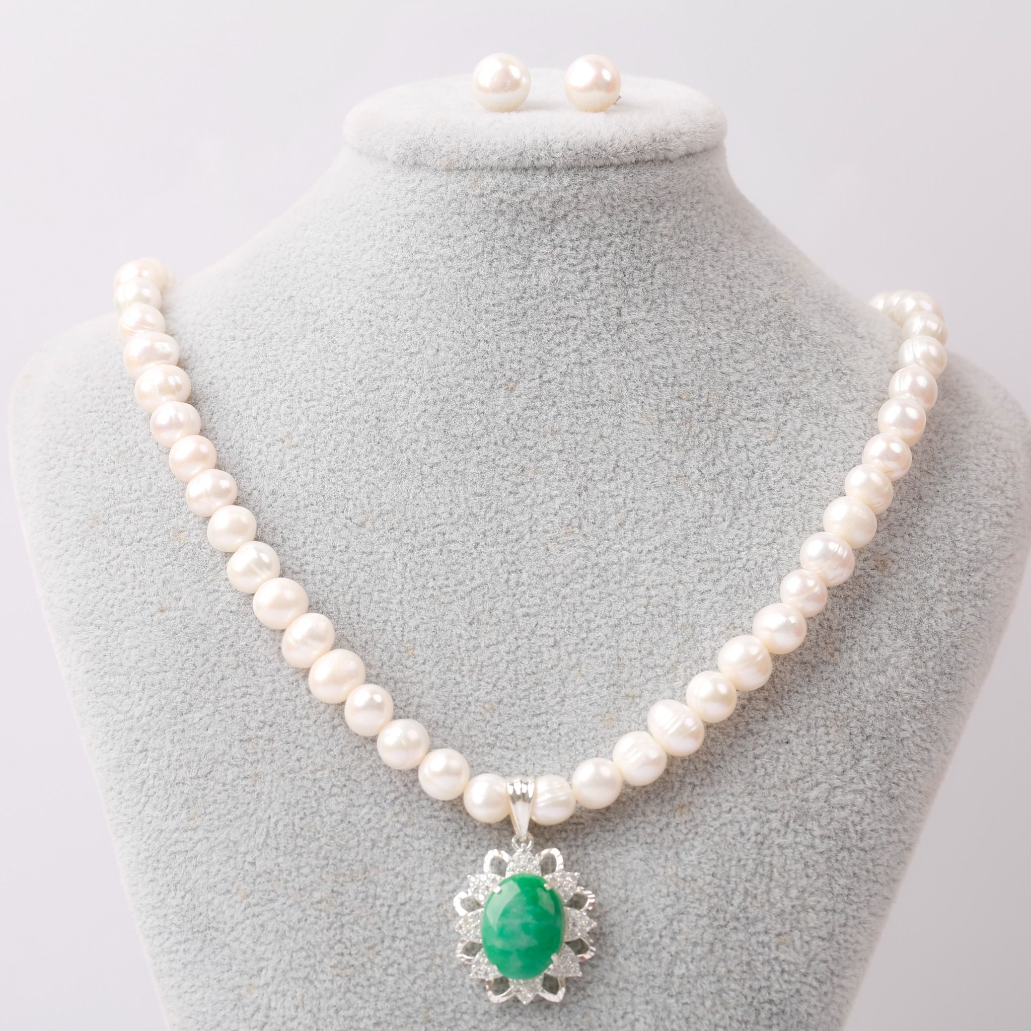 Bộ Trang sức Vòng cổ - Hoa tai Ngọc trai mặt đá xanh thương hiệu Opal
