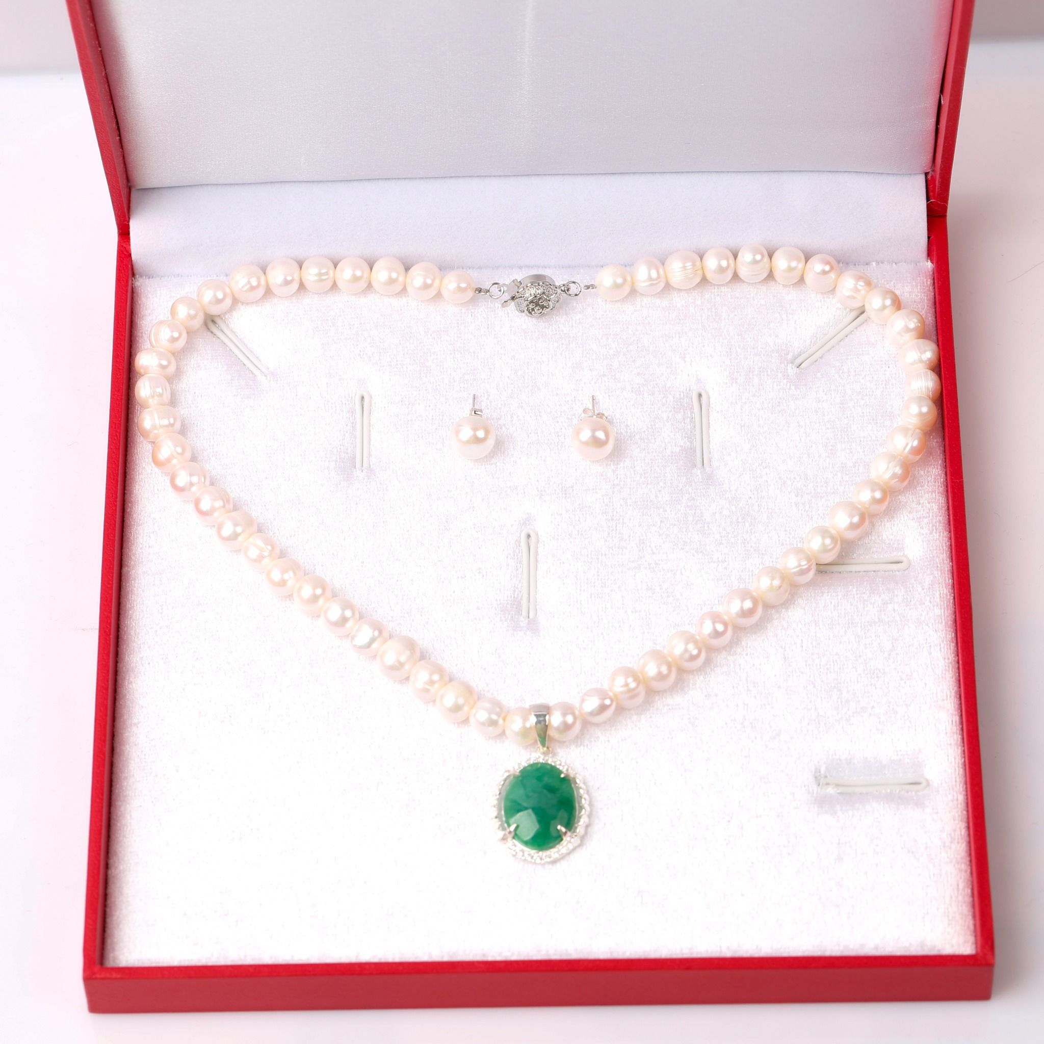Bộ Trang sức Vòng cổ - Hoa tai Ngọc trai mặt đá xanh thương hiệu Opal