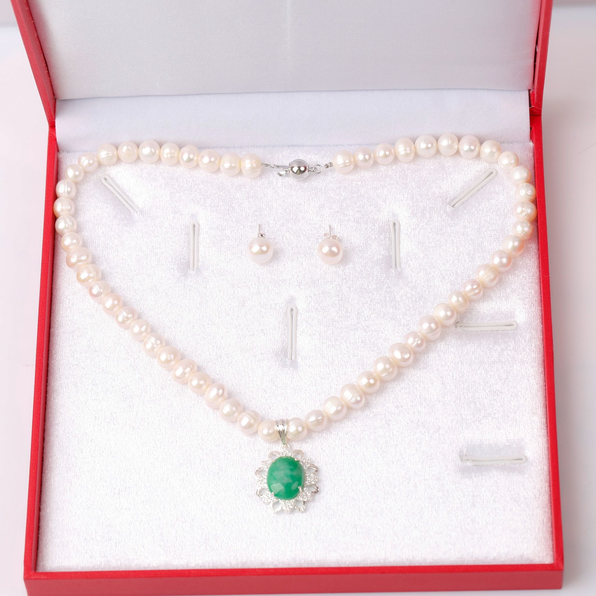 Bộ Trang sức Vòng cổ - Hoa tai Ngọc trai mặt đá xanh thương hiệu Opal