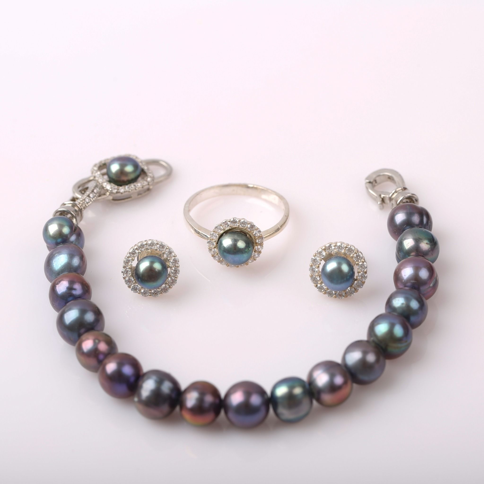 Bộ bạc đính ngọc trai đen ánh xanh tím kích thước 6,7li phong cách trẻ trung Opal