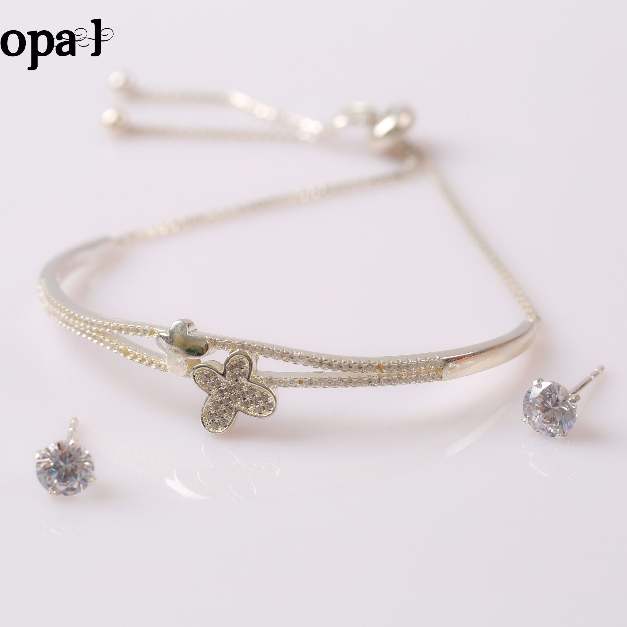 Bộ lắc tay và hoa tai bạc thiết kế phong cách hiện đại , trẻ trung thương hiệu Opal