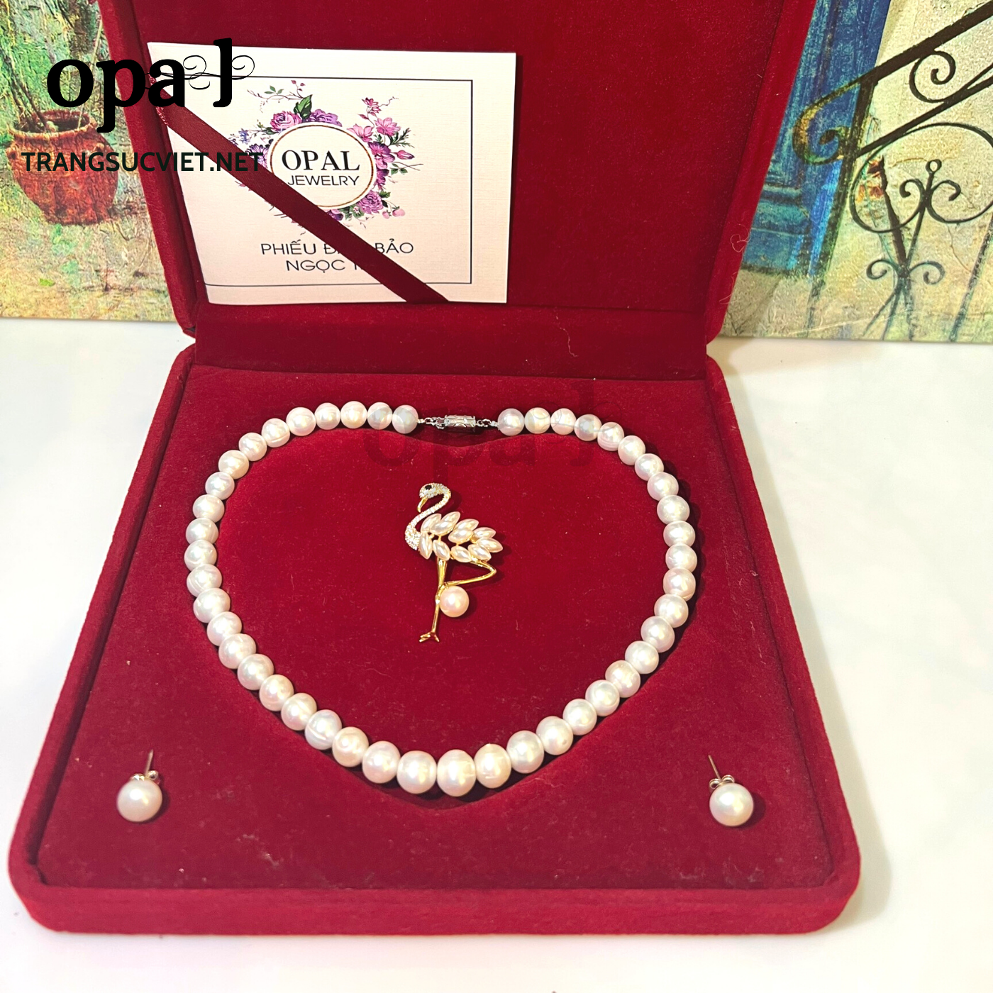 Bộ sản phẩm Vòng cổ - Hoa tai Ngọc trai và Cài áo thương hiệu Opal