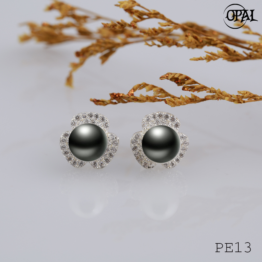 PE13- Hoa tai bạc đính ngọc trai OPAL