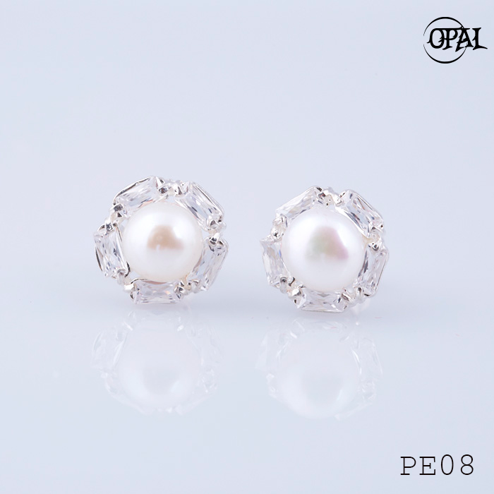 PE08- Hoa tai bạc đính ngọc trai OPAL