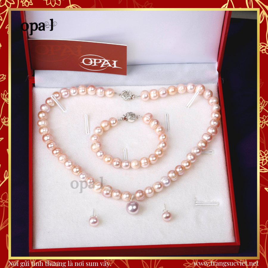  Bộ Trang sức Vòng cổ - Vòng Tay - Hoa tai Ngọc trai hồng, tím thương hiệu Opal 