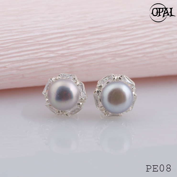 PE08- Hoa tai bạc đính ngọc trai OPAL