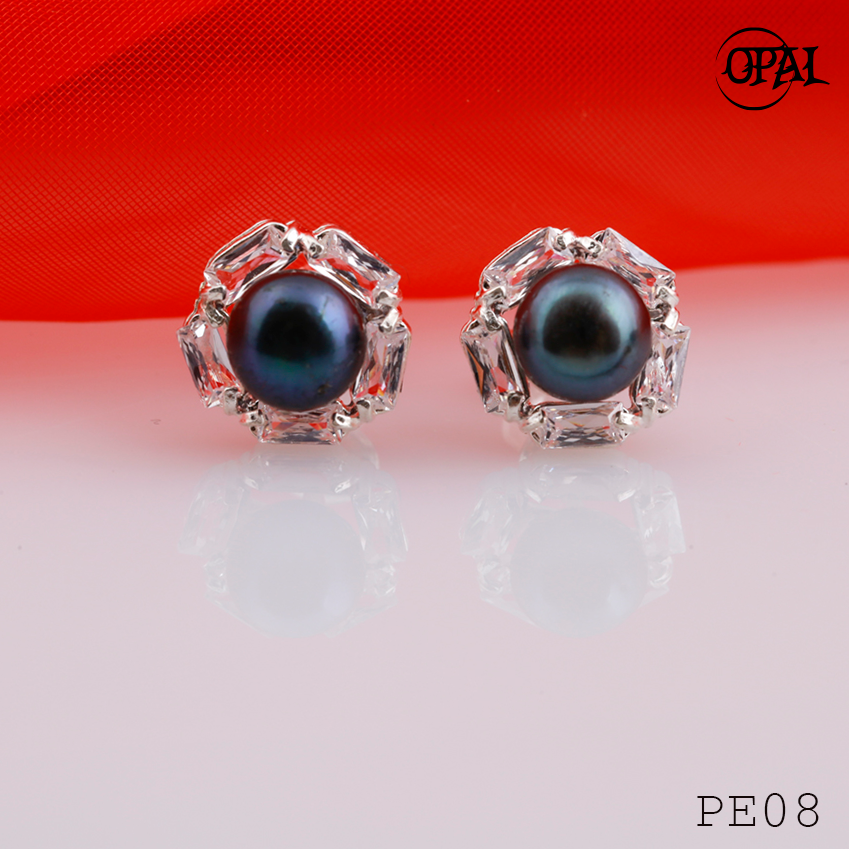 PE08- Hoa tai bạc đính ngọc trai OPAL